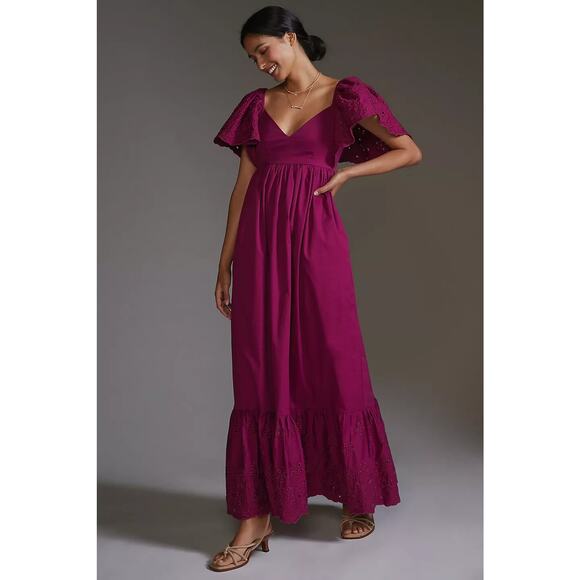New w/Tag Anthropologie En Saison Flutter-Puff Sleeve Eyelet Maxi Dress Small - Picture 1 of 11